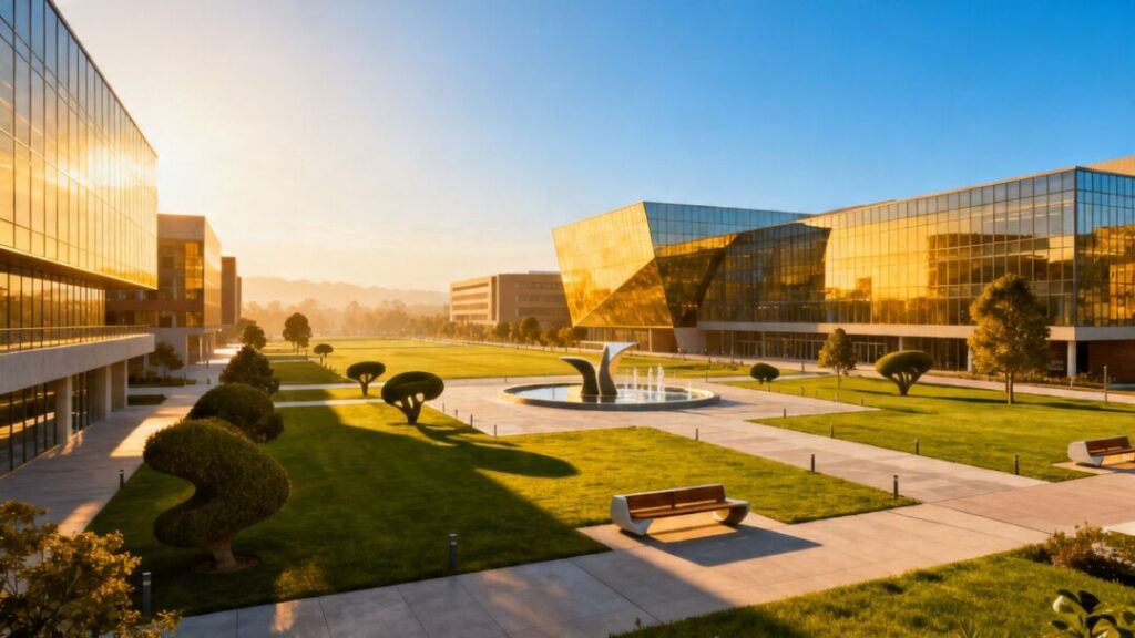 Modern university campus architectural rendering with buildings and green spaces.