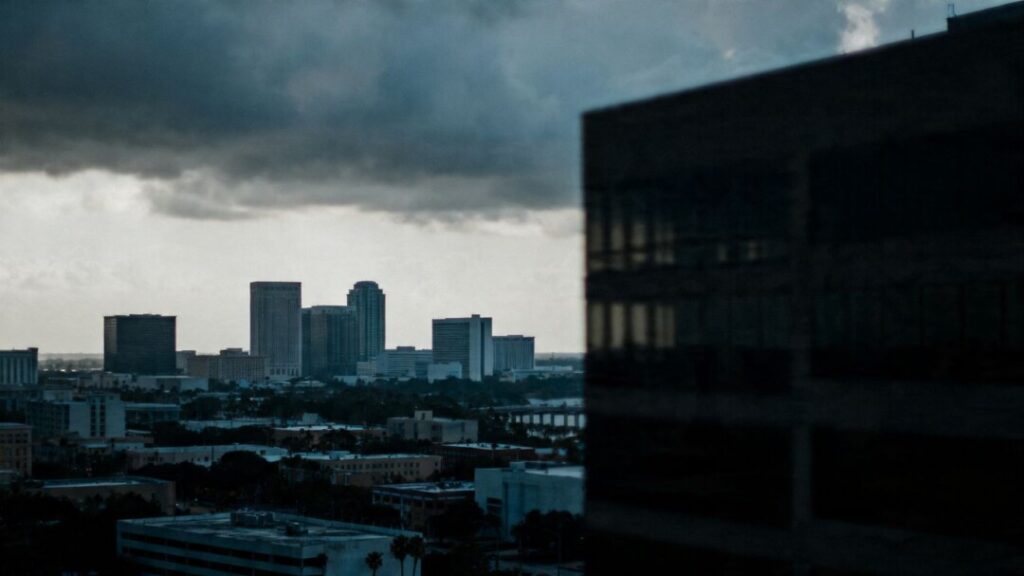 Tampa cityscape with a shadowy office building under dark clouds.
