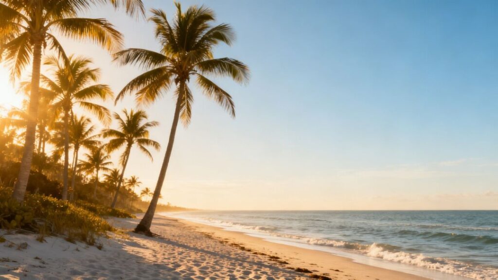 Southwest Florida coast with ocean, beach, and palm trees.