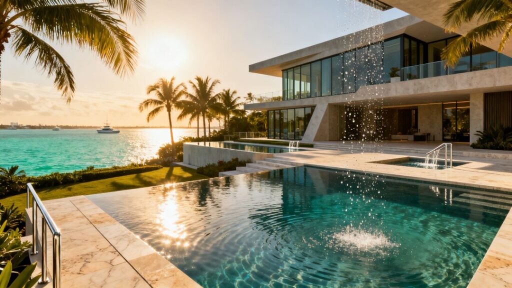 Luxury Florida mansion with waterfront and pool.