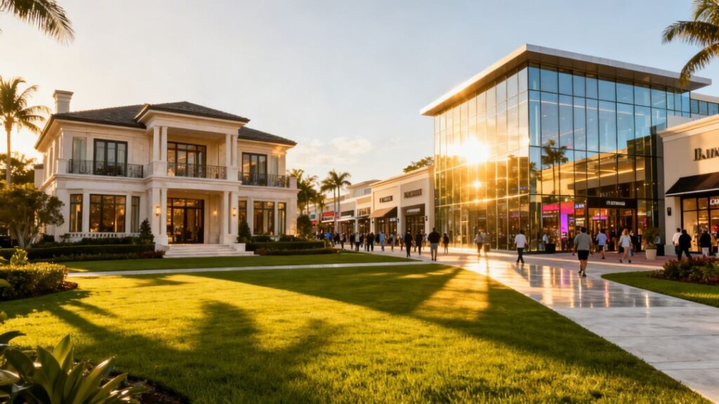 Palm Beach Gardens mansion and Broward retail center under sunny skies.