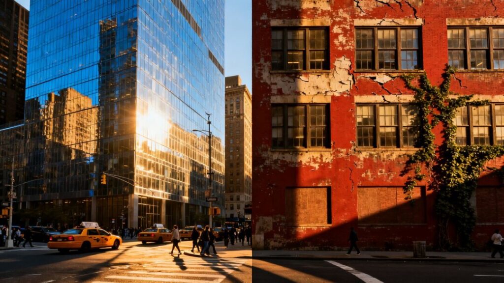 Manhattan skyscrapers: modern Class A vs. older Class B offices.