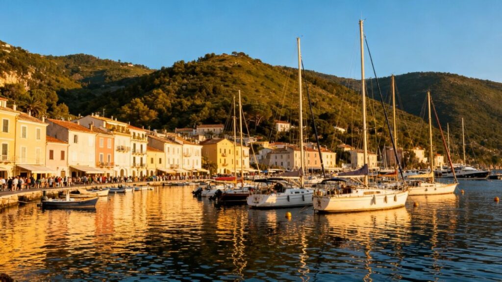 Coastal town harbor with houses and hills.
