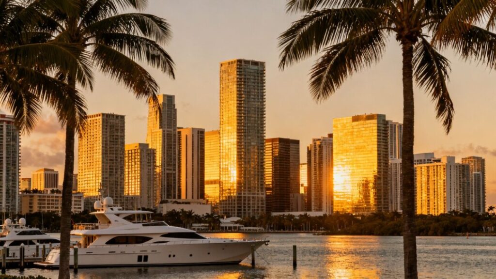 Miami skyline at sunset with palm trees and yachts.