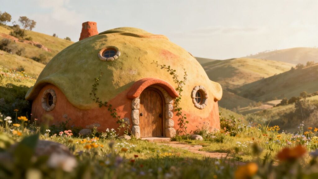 Whimsical adobe dome home with fairytale architecture.