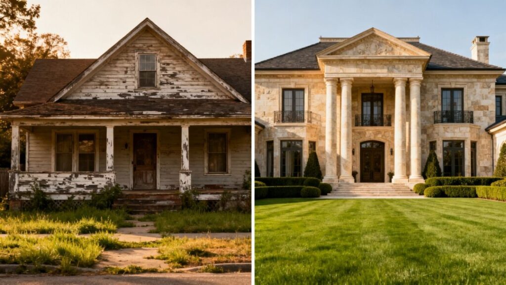 Florida homes: modest house versus luxury mansion.
