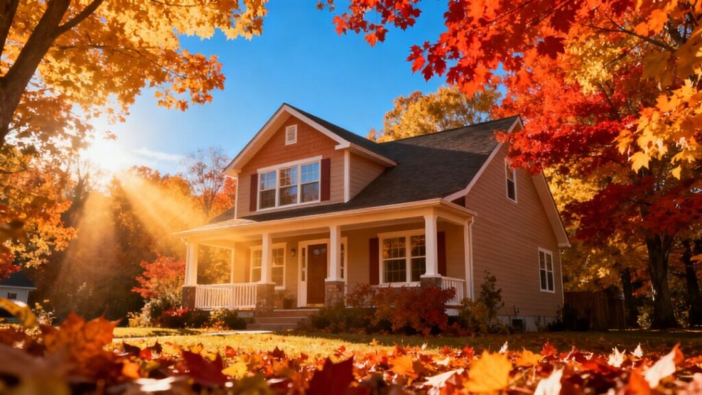 Home with fall foliage and sunlight.