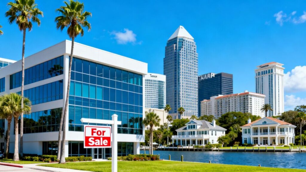 Tampa real estate office building with Florida skyline and homes.