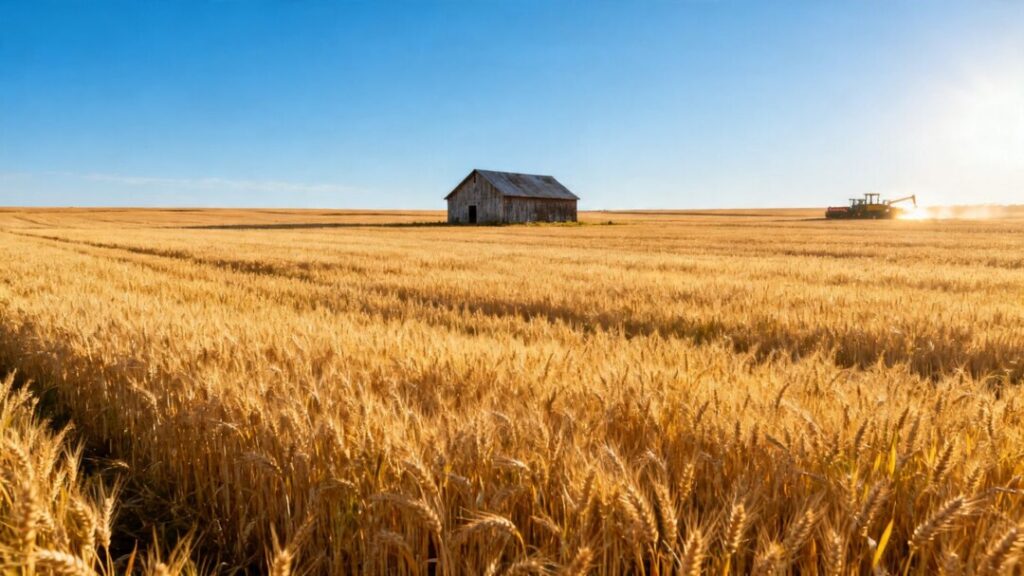 Vast golden farmland with a distant barn.