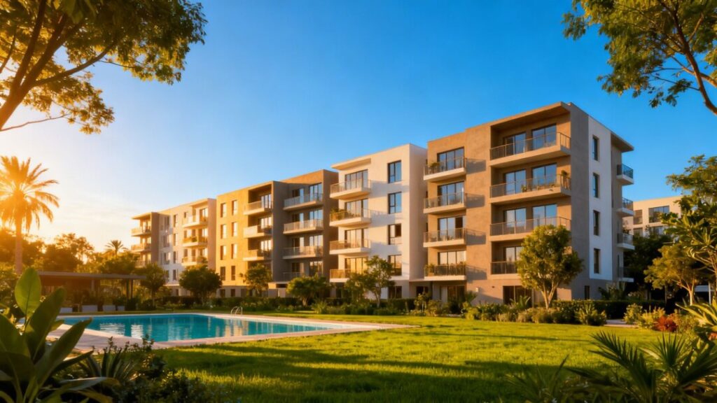 Modern apartment complex with pool and green landscaping.