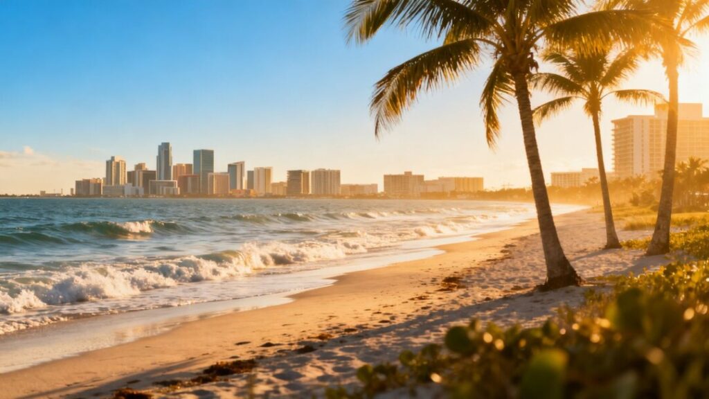 Florida coast and city skyline under blue skies.