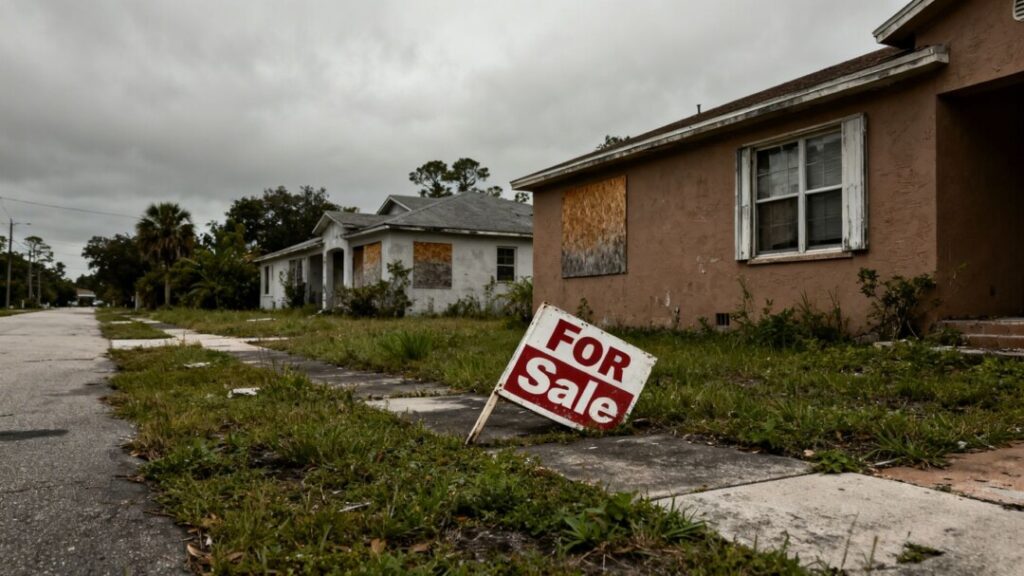 Vacant Florida homes with overgrown yards and 'For Sale' signs.