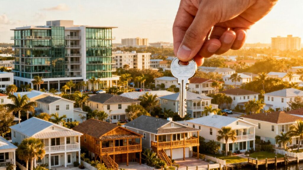 Florida homes with a hand holding a key.
