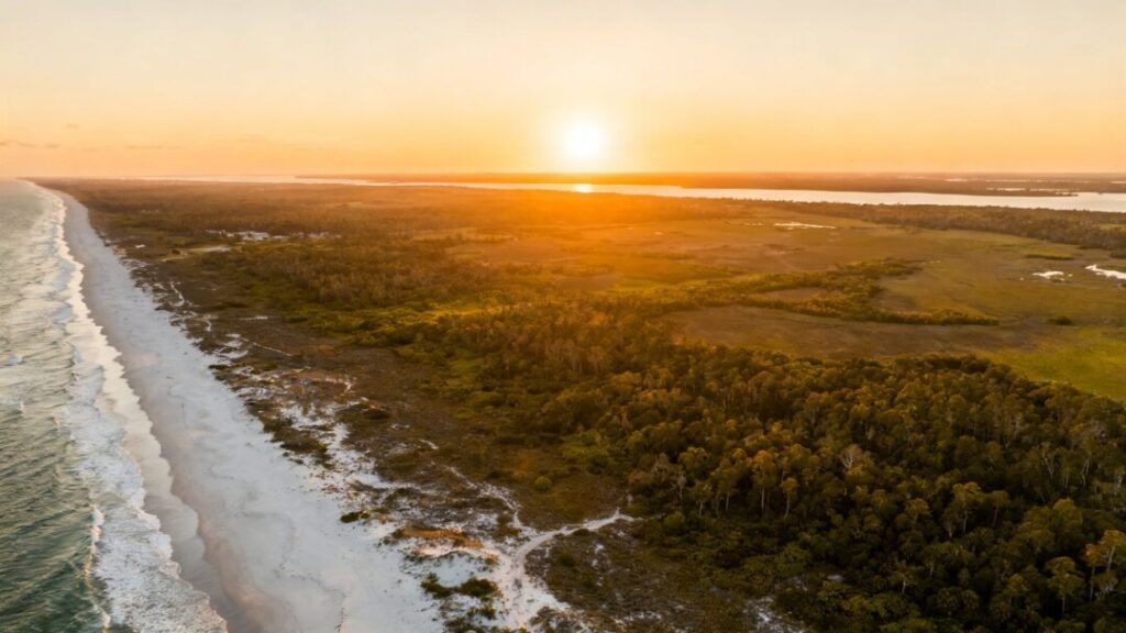 Florida landscape with diverse terrain and sunset.
