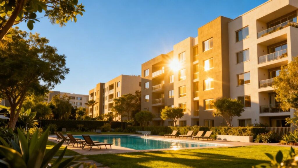 Modern apartment complex with buildings, landscaping, and pool.