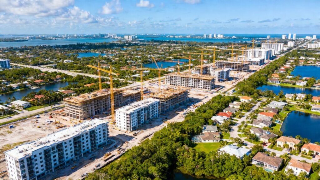 Miami-Dade skyline with new residential construction and cranes.