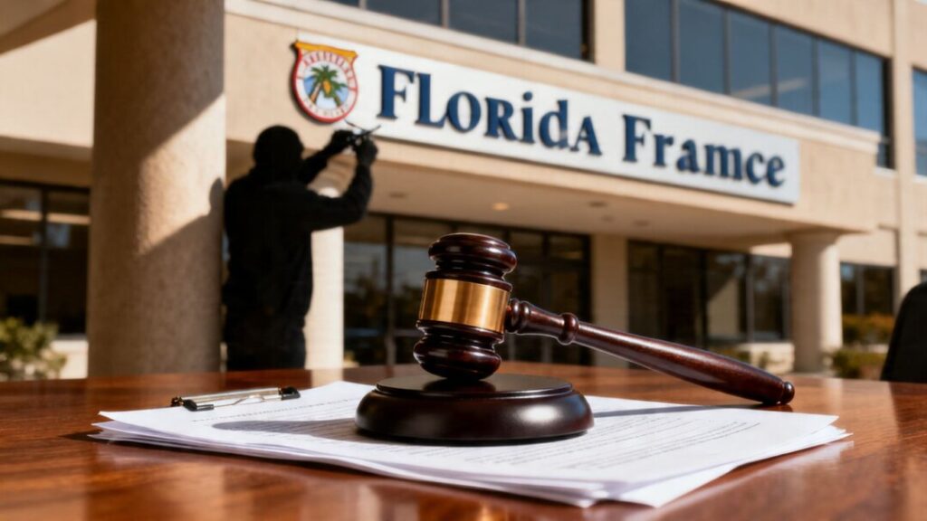 Florida franchise office building with legal documents and a shadowy figure.