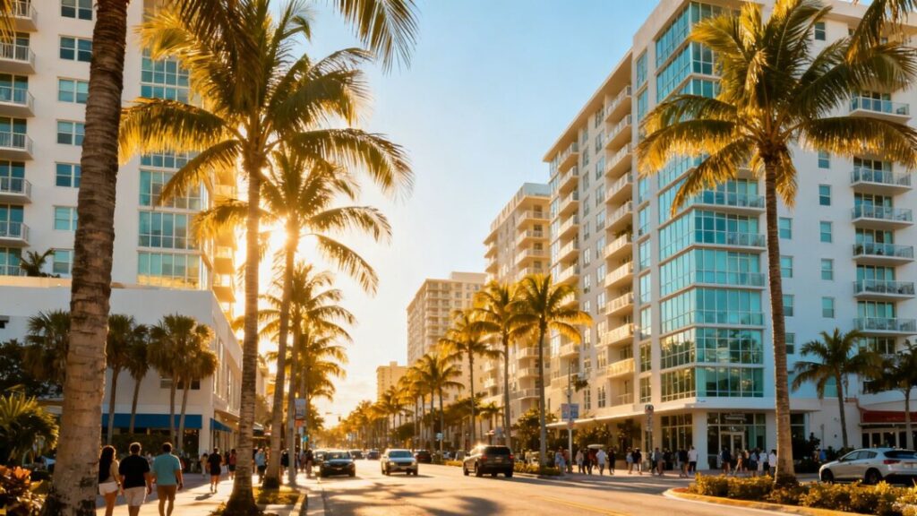 Florida cityscape with apartments and palm trees.
