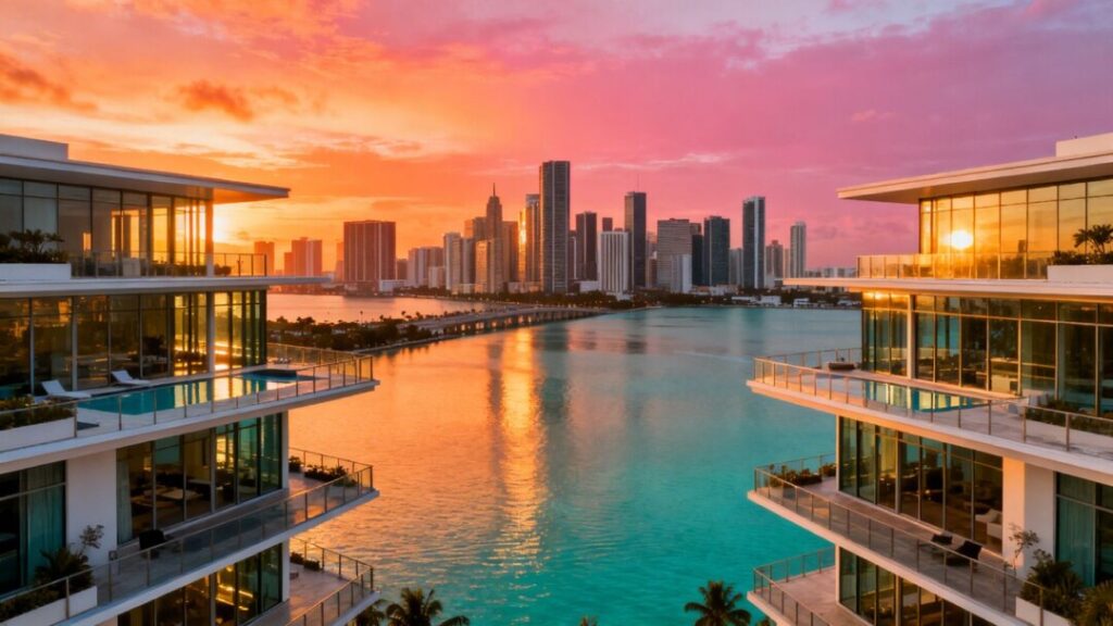Miami skyline with luxury penthouses and bay views.