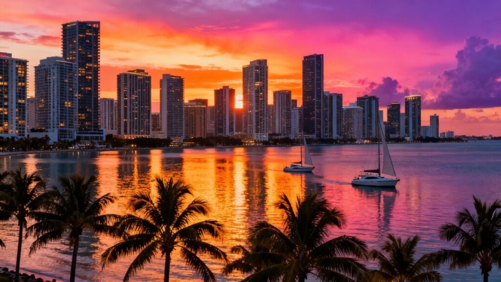 Miami skyline over the ocean with palm trees.