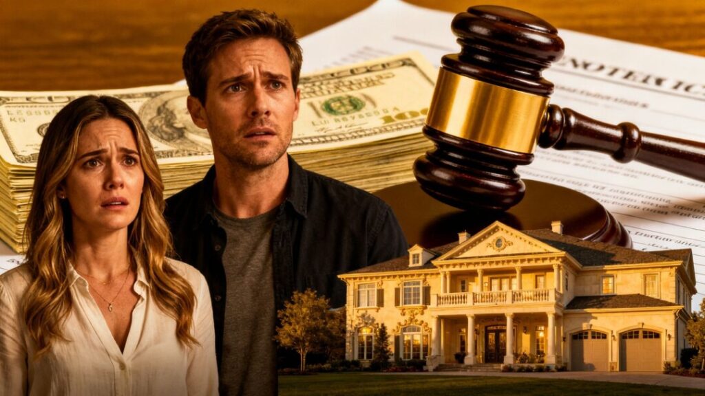 Couple in front of mansion with money and gavel.