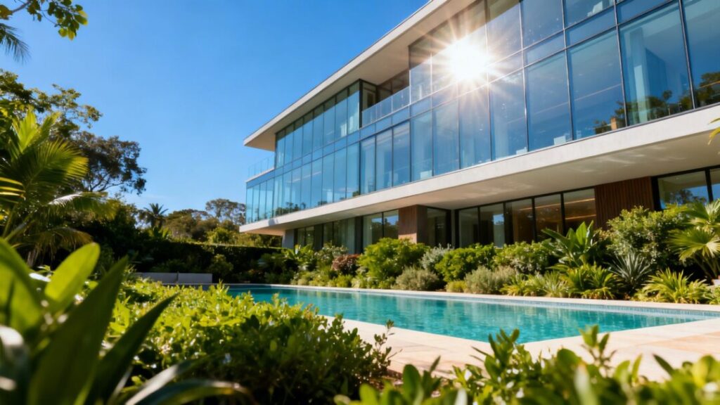 Aventura luxury apartment building with blue sky and landscaping.
