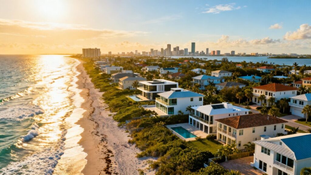 Florida coast with houses and city skyline.
