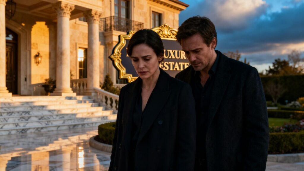 Couple in front of mansion, real estate sign visible.