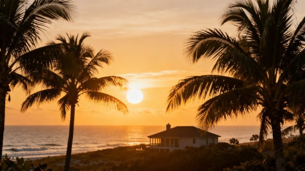 Florida coastline with house silhouette and palm trees.