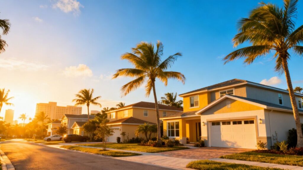 Florida homes with palm trees under a sunny sky.