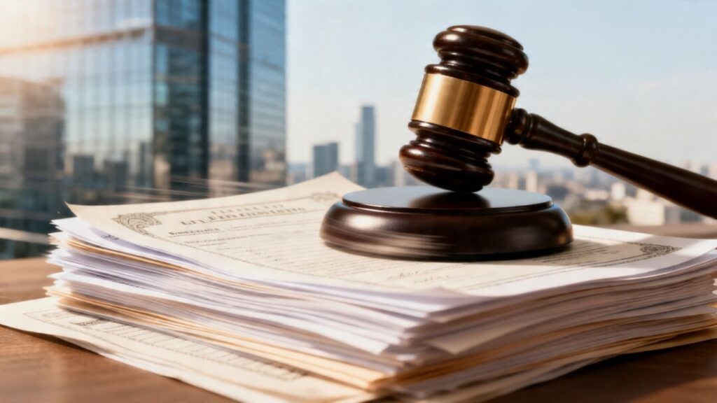 Gavel striking property deeds near city skyline.