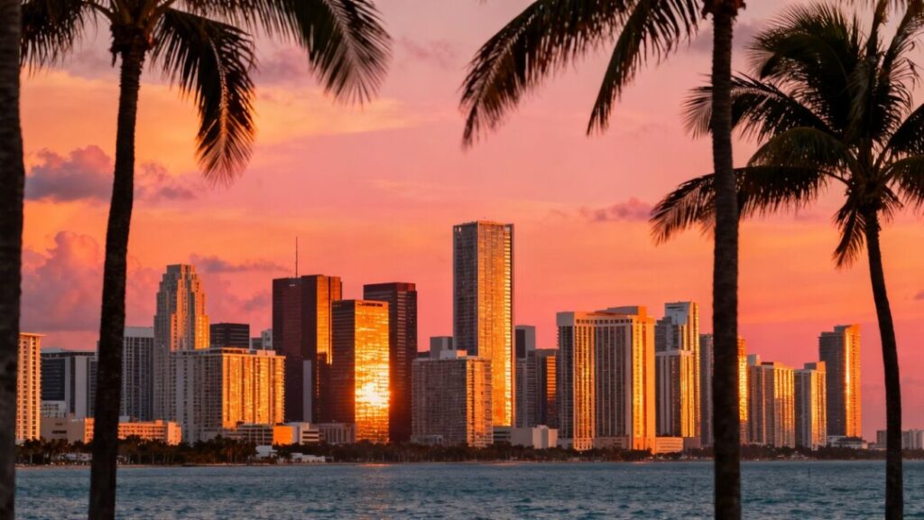 Miami skyline at sunset with ocean and palm trees.