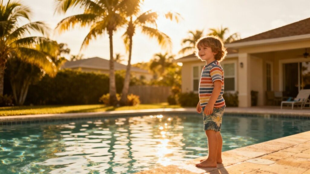 Florida vacation rental pool with child nearby.