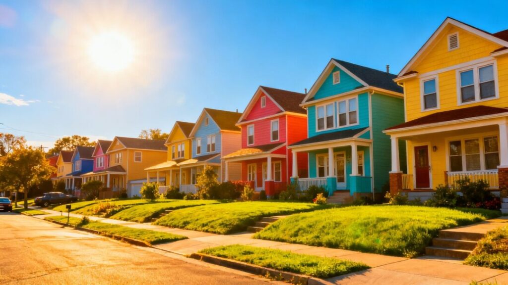 Florida homes with sunny skies and green lawns.
