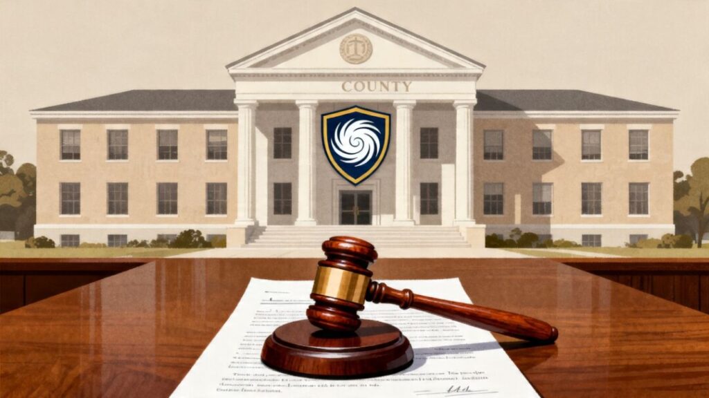 County building, hurricane symbol, shield, and gavel.