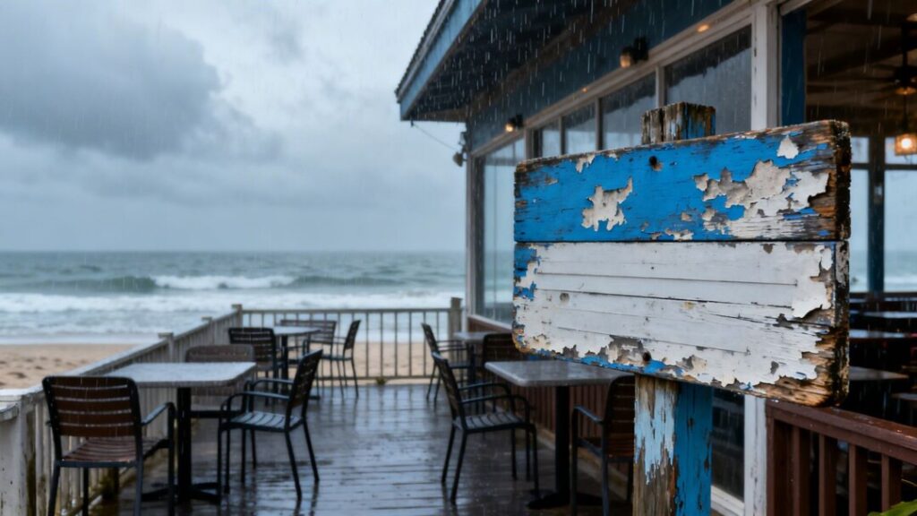 Closed beach house restaurant with empty patio and ocean view.