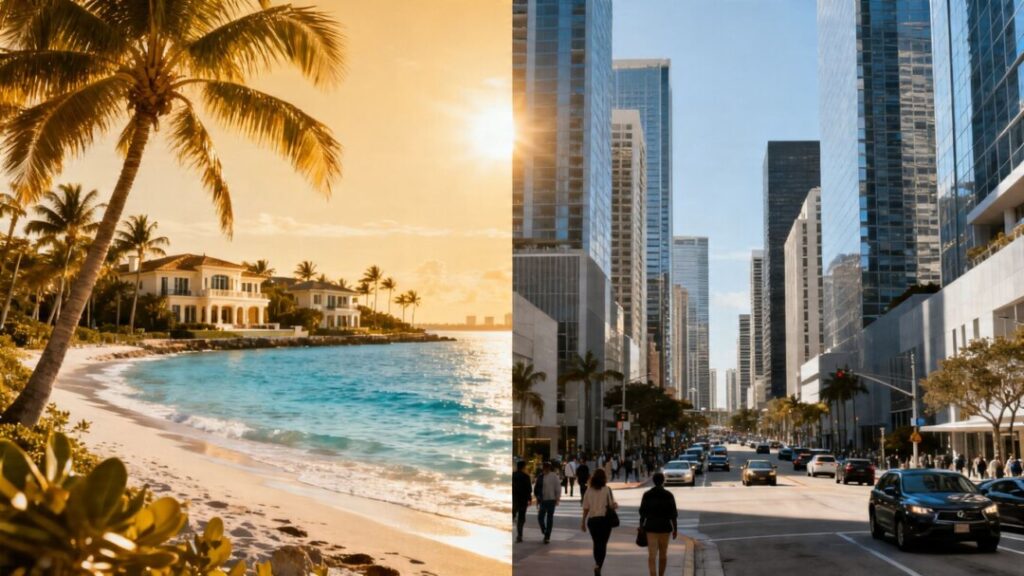 Florida coast vs. West Coast city skyline.