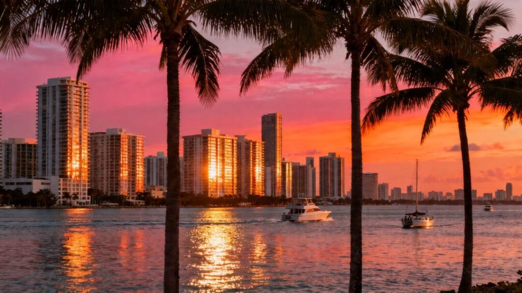 Miami skyline with apartments and ocean at sunset.