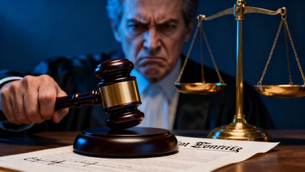 Gavel striking document, scales of justice tilted.