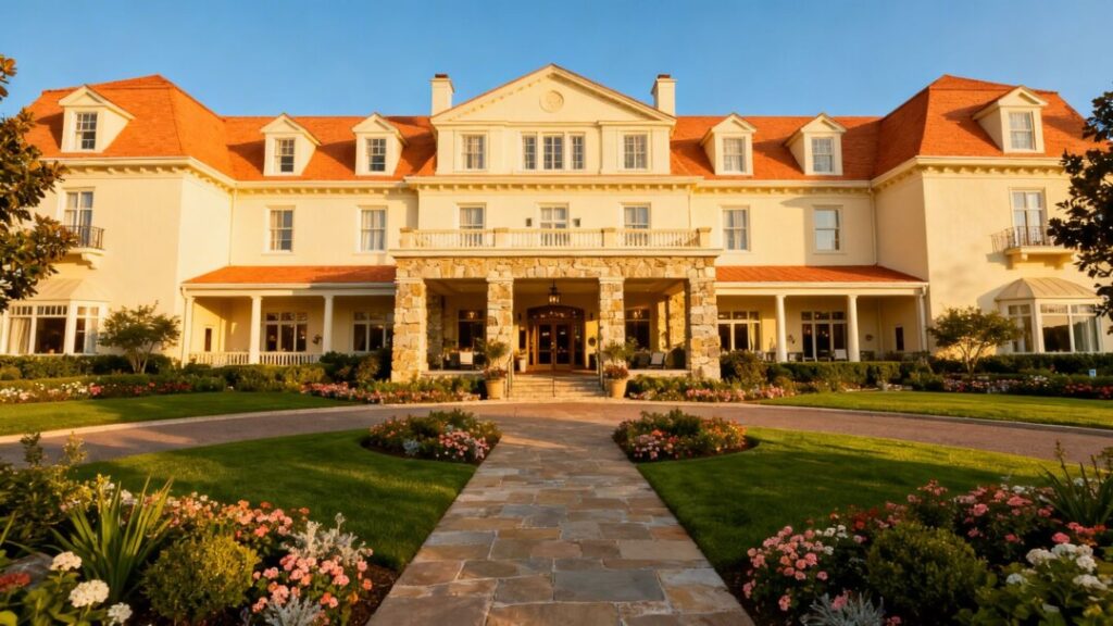 Historic Mayflower Inn & Spa building with lush landscaping.