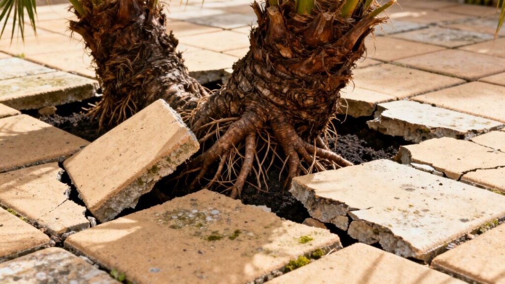 Palm tree roots cracking and lifting patio pavers.