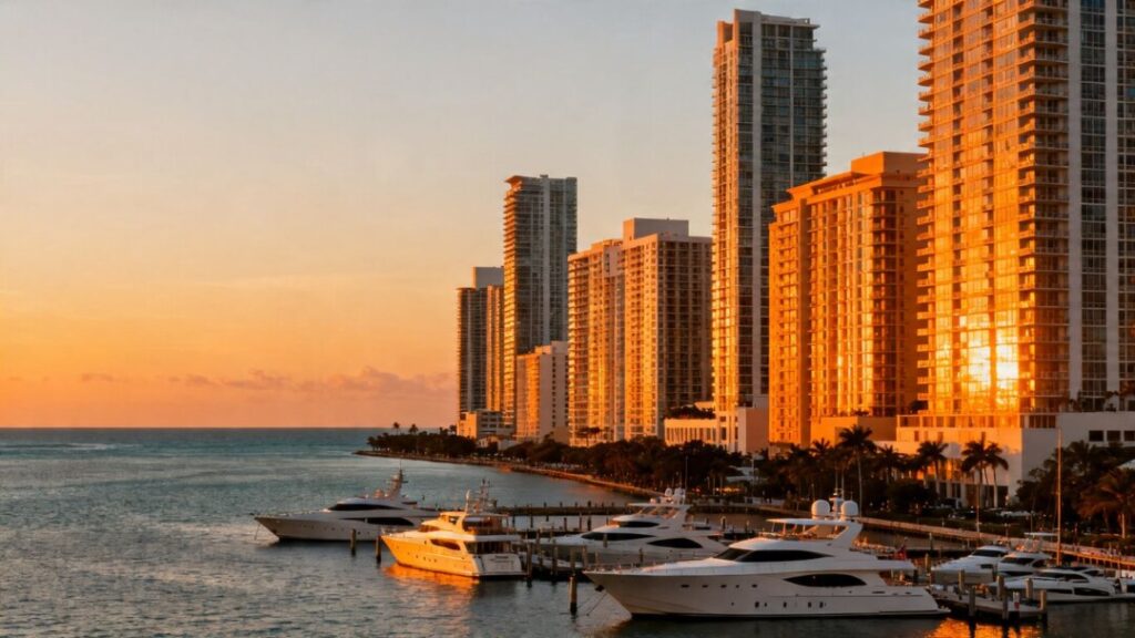 Miami skyline with luxury buildings and yachts.