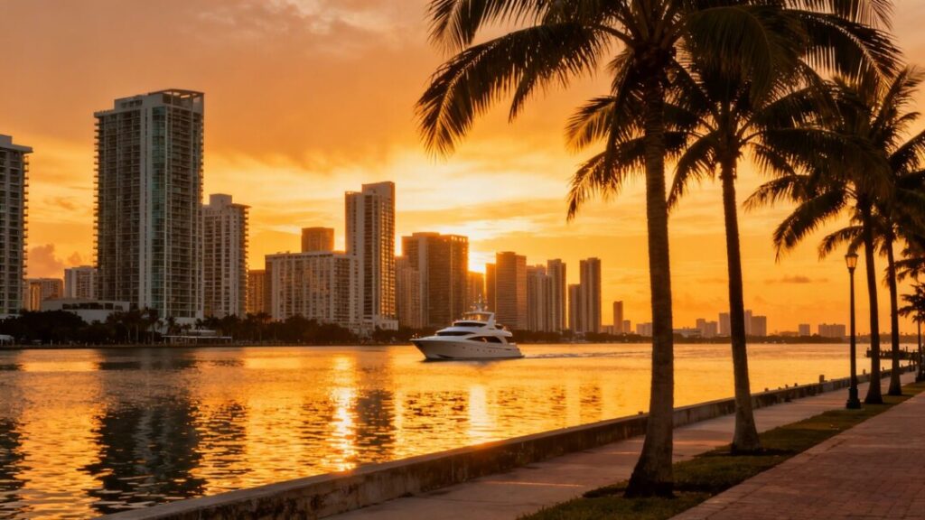 Miami skyline with luxury condos and palm trees.
