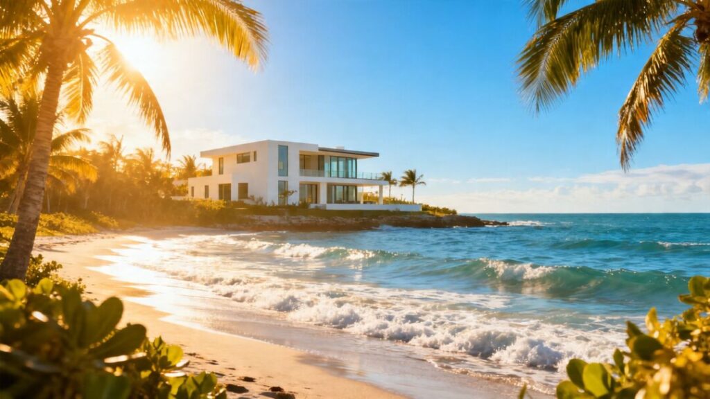Florida coastline with a modern house and palm trees.