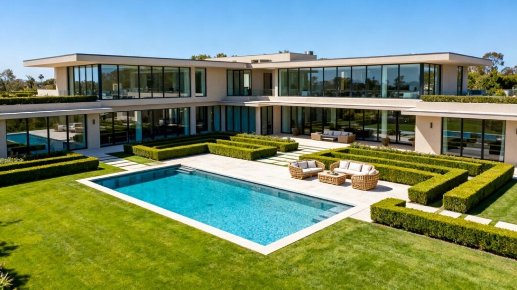 Kylie Jenner's $48 million mansion exterior with pool.