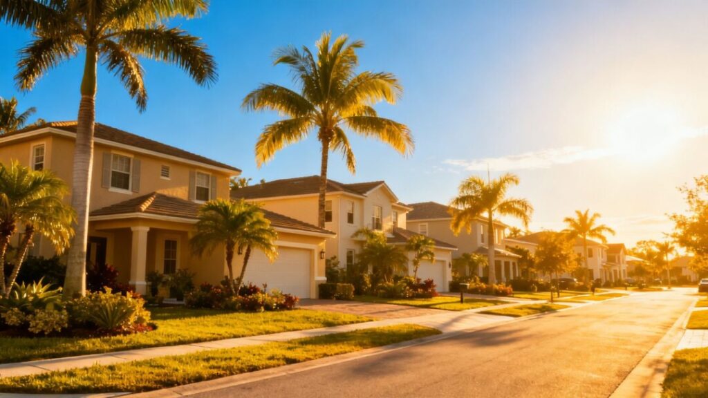 Florida homes with palm trees under a sunny sky.