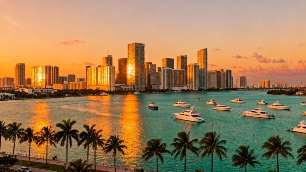 Miami skyline with bay and yachts at sunset.