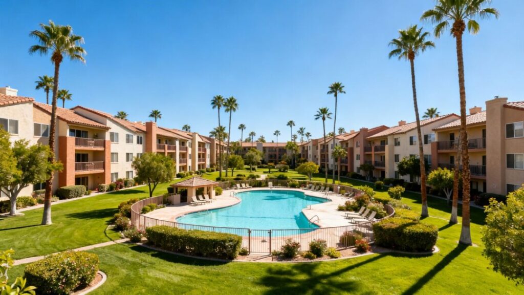 Phoenix-area apartment complex with pools and palm trees.