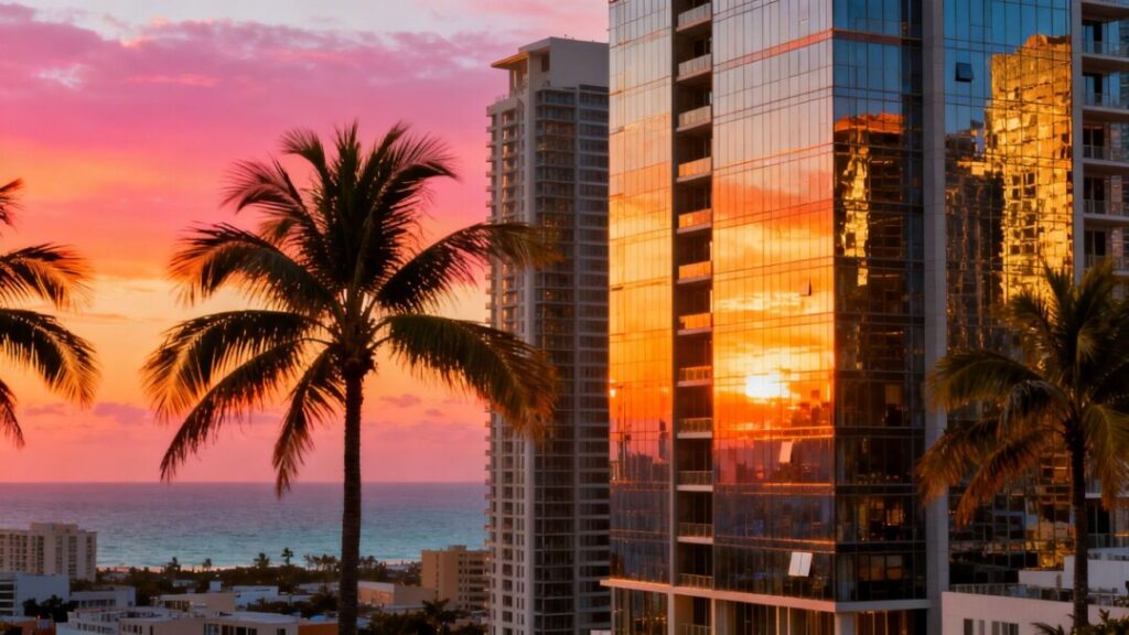 Miami skyline with luxury buildings and ocean view.