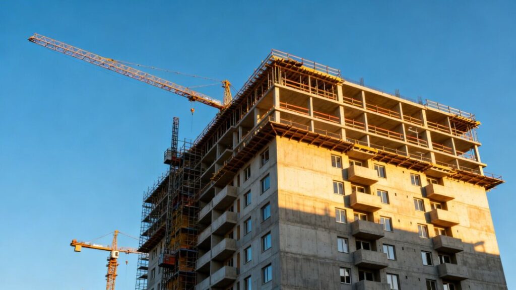 Construction of a large, modern apartment building in Denver.